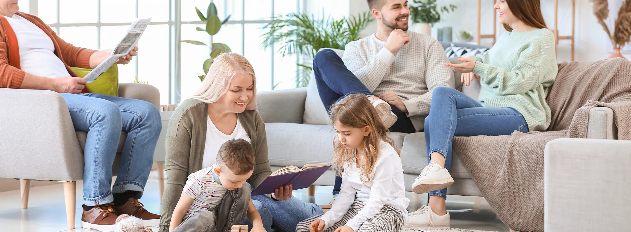 Family sitting in their living room