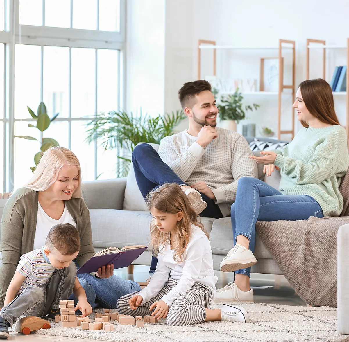 Family sitting in their living room